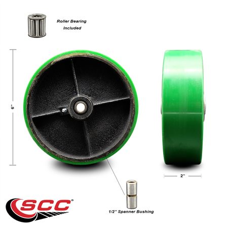 Service Caster SCC-6" Green Poly on Cast Iron Wheel Only w/Roller Bearing-1/2"Bore-1200 lb Cpty SCC-PUR620-GB